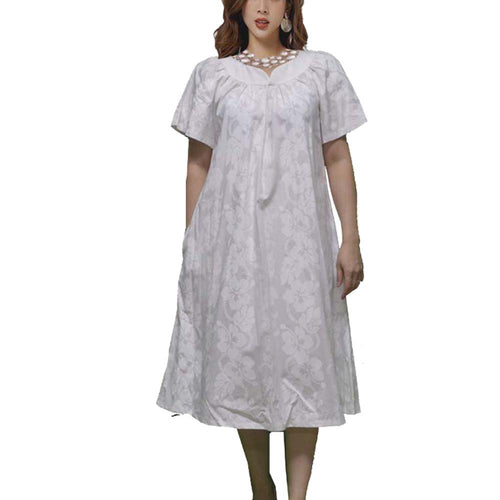 Authentic Honolulu-made Hawaiian dress for women, subtle white Hibiscus floral design