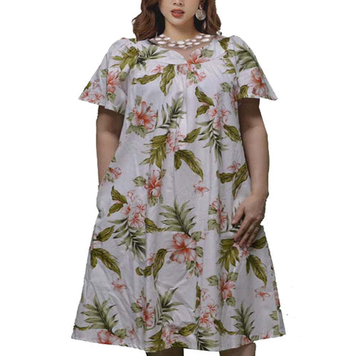White Hawaiian muʻumuʻu dress with Hibiscus print – Honolulu made