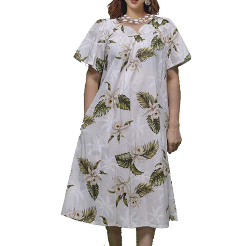 100% cotton white orchid muumuu, A-line mid-calf silhouette with side pocket