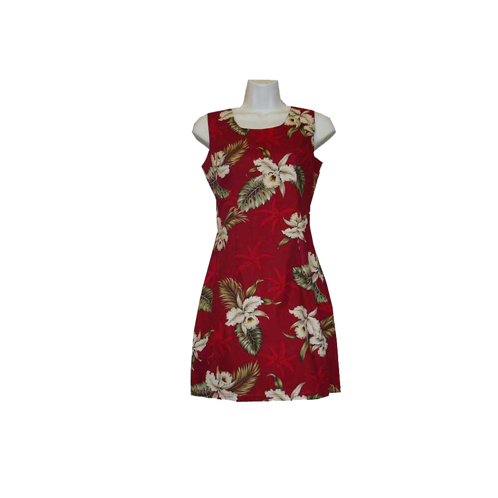 100% Cotton Red Hawaiian Dress with White Orchid Pattern