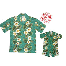 Load image into Gallery viewer, Father and son in Yellow Hibiscus matching Hawaiian shirts
