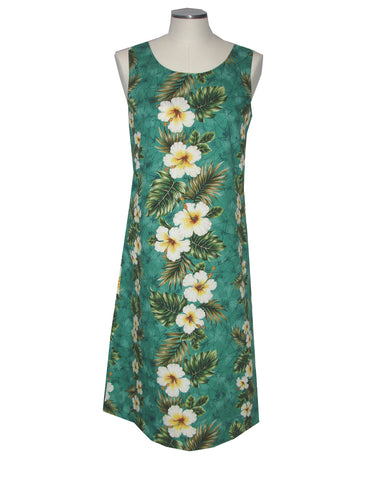 Green dress with floral pattern on a mannequin against a white background