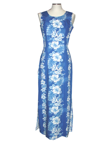 Blue floral dress on a mannequin against a white background