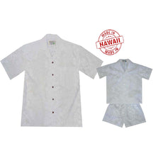 Load image into Gallery viewer, Father and son wearing matching Hibiscus Lei print Hawaiian shirts
