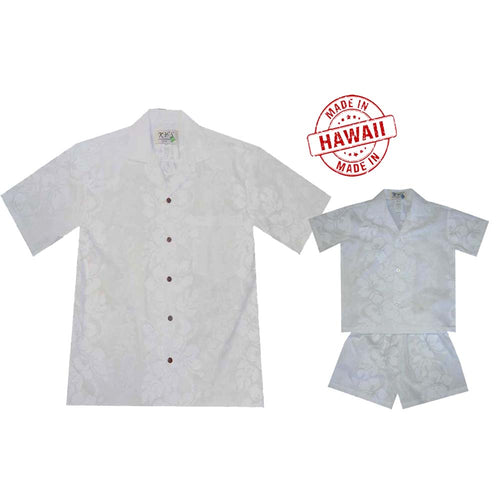 Father and son wearing matching Hibiscus Lei print Hawaiian shirts