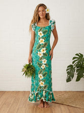 Load image into Gallery viewer, Green hibiscus Hawaiian muumuu dance dress long ruffle made in Hawaii
