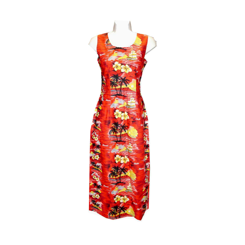 Red Maxi Hawaiian dress with sunset floral print, made in Hawaii – tropical resort wear for women