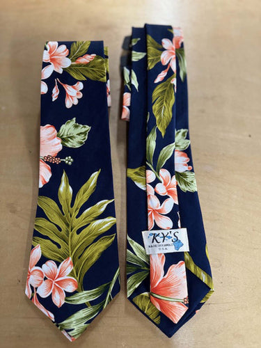 navy Hawaii tie with coral hibiscus floral print
