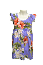 Load image into Gallery viewer, Purple dress with tropical floral pattern on a mannequin against a white background
