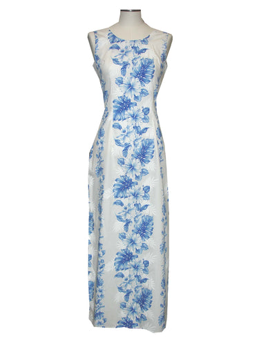 White dress with blue floral pattern on a mannequin against a white background