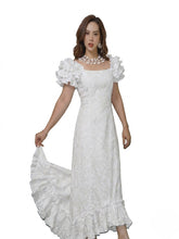 Load image into Gallery viewer, White hibiscus leis Hawaiian muumuu dance dress long ruffle made in Hawaii
