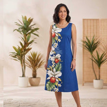 Load image into Gallery viewer, Handmade Navy Hilo Orchid Side Hawaiian Midi Dress in Cotton Poplin.
