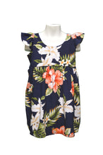 Load image into Gallery viewer, Navy blue dress with colorful floral pattern on a white background
