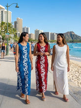 Load image into Gallery viewer, 3 women wearing a handmade red, blue and white Hibiscus Panel print maxi Hawaiian tank dress in Honolulu.
