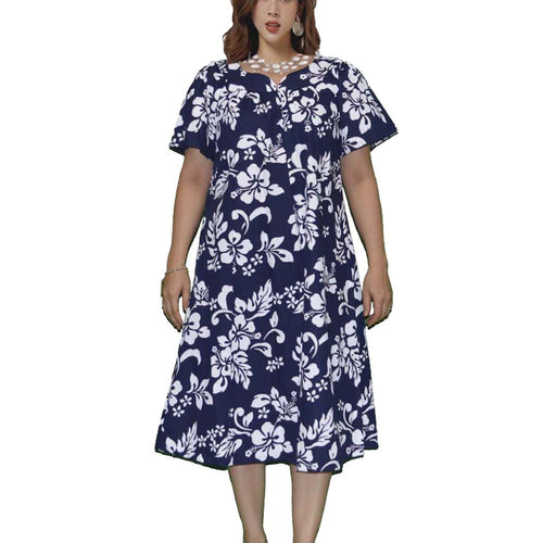 Authentic Honolulu-made muʻumuʻu with side pocket and tropical Hibiscus design