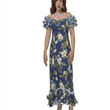 Load image into Gallery viewer, Navy hibiscus Hawaiian muumuu dance dress long ruffle handmade in Hawaii
