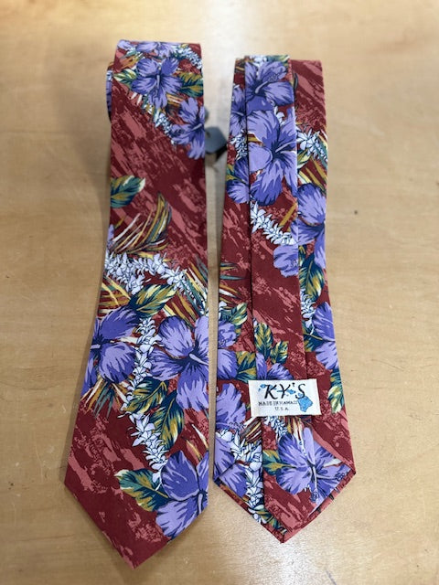 100% cotton tropical necktie with red hibiscus flower