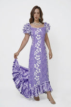 Load image into Gallery viewer, Purple hibiscus leis Hawaiian muumuu dance dress long ruffle made in Hawaii
