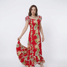 Load image into Gallery viewer, Red Hawaiian leaf muumuu dance dress long ruffle made in Hawaii
