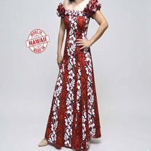 Load image into Gallery viewer, Red Hawaiian muumuu dress with white hibiscus print made in Hawaii
