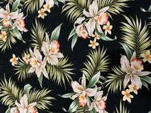 Load image into Gallery viewer, Tropical floral pattern with orchids and leaves on a black background
