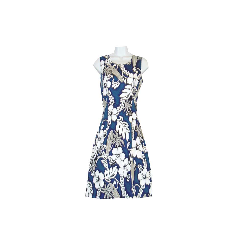 Handmade Hawaiian midi dress retro hibiscus print blue
