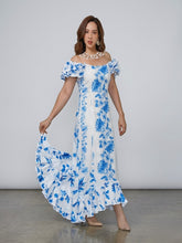 Load image into Gallery viewer, White blue hibiscus Hawaiian muumuu dance dress long ruffle made in Hawaii
