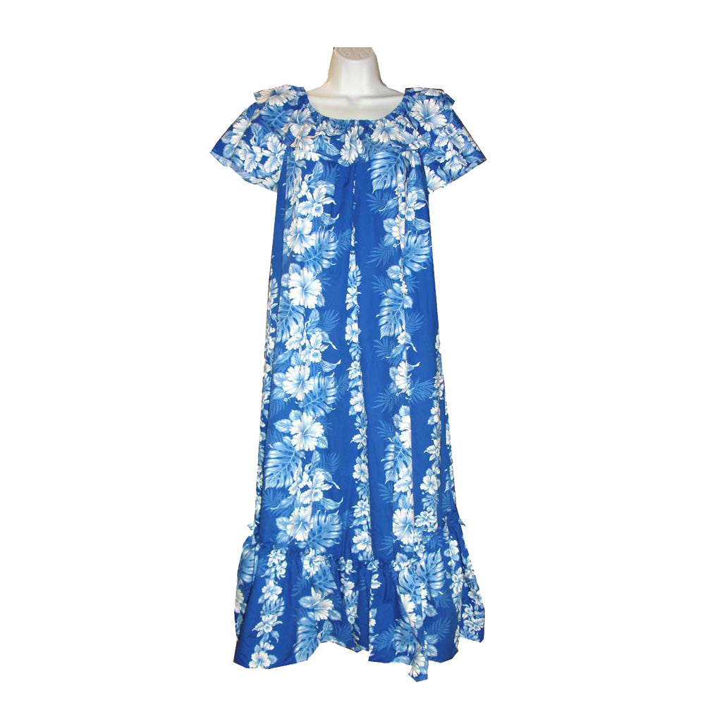 Blue Hibiscus Long Muumuu Dress Hawaiian Floral Aloha Luau Dress Navy Blue / 3XL Blue Hibiscus Long Muumuu Dress Hawaiian Floral Aloha Luau Dress Navy Blue / 3XL
