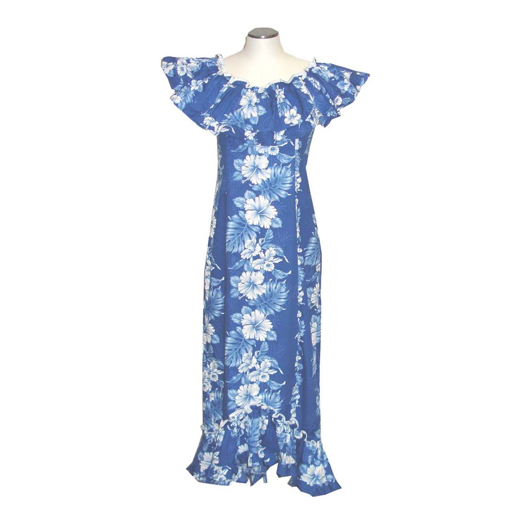 Blue Hibiscus Panel Long Ruffle Muumuu Dance Dress