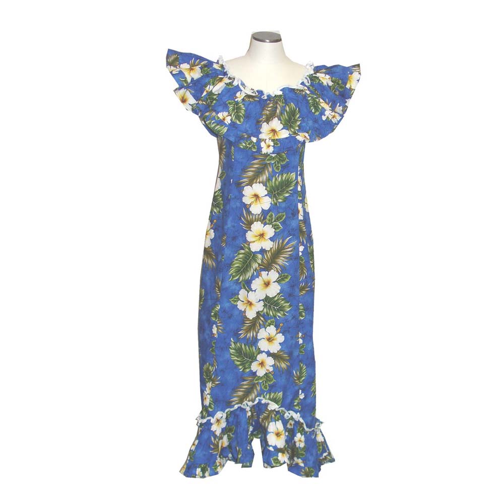 Yellow Hibiscus Traditional Muumuu Blue Dress
