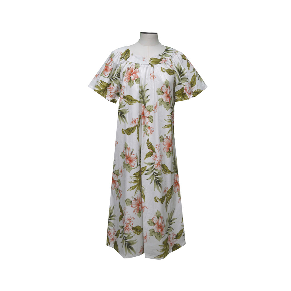 Midi-length muumuu dress with coral hibiscus floral print