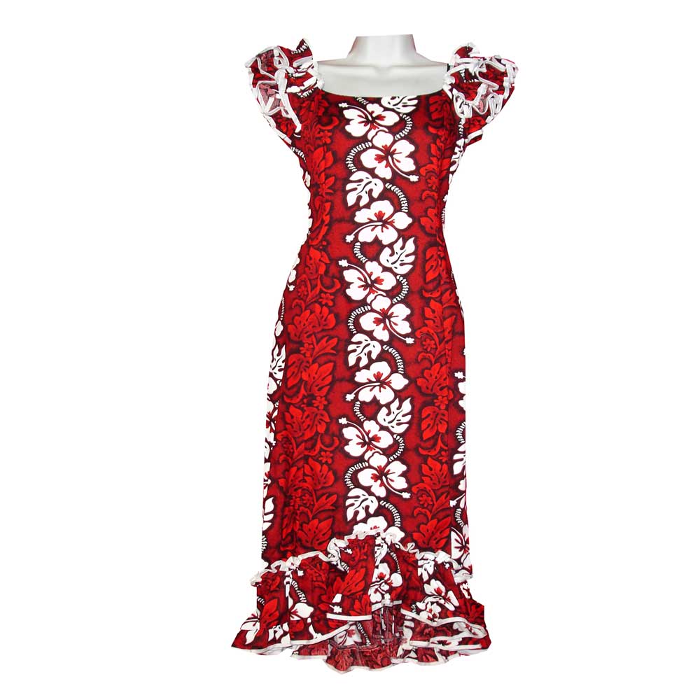 strapless open back dress Red Hibiscus Leis Muumuu Dance Dress Long Ruffle
