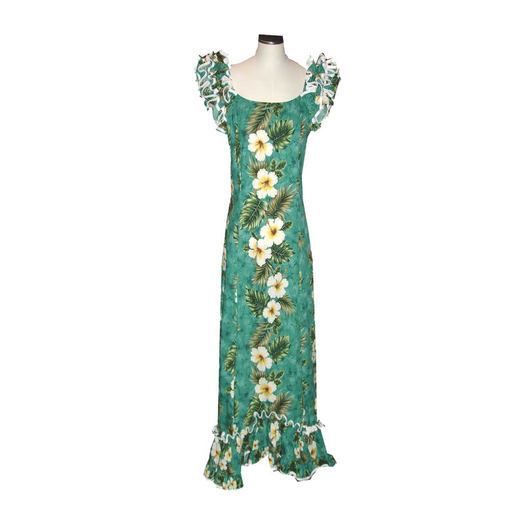 green hibiscus dress Mint Green Dress In Hibiscus Print – Sukruti Design main image 0