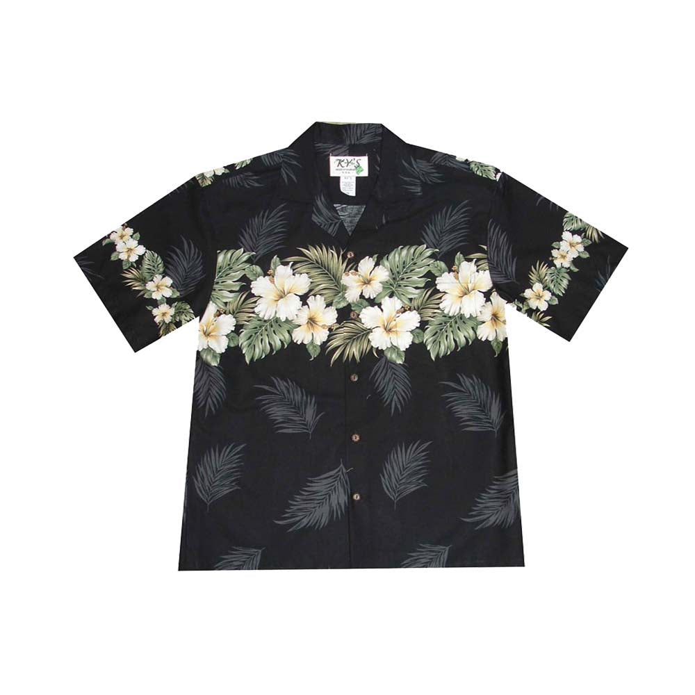 Black Hawaiian Shirt with Original White Hibiscus Print