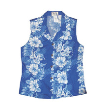 Load image into Gallery viewer, Blue Hibiscus Sleeveless Hawaiian Blouse Made In Hawaii
