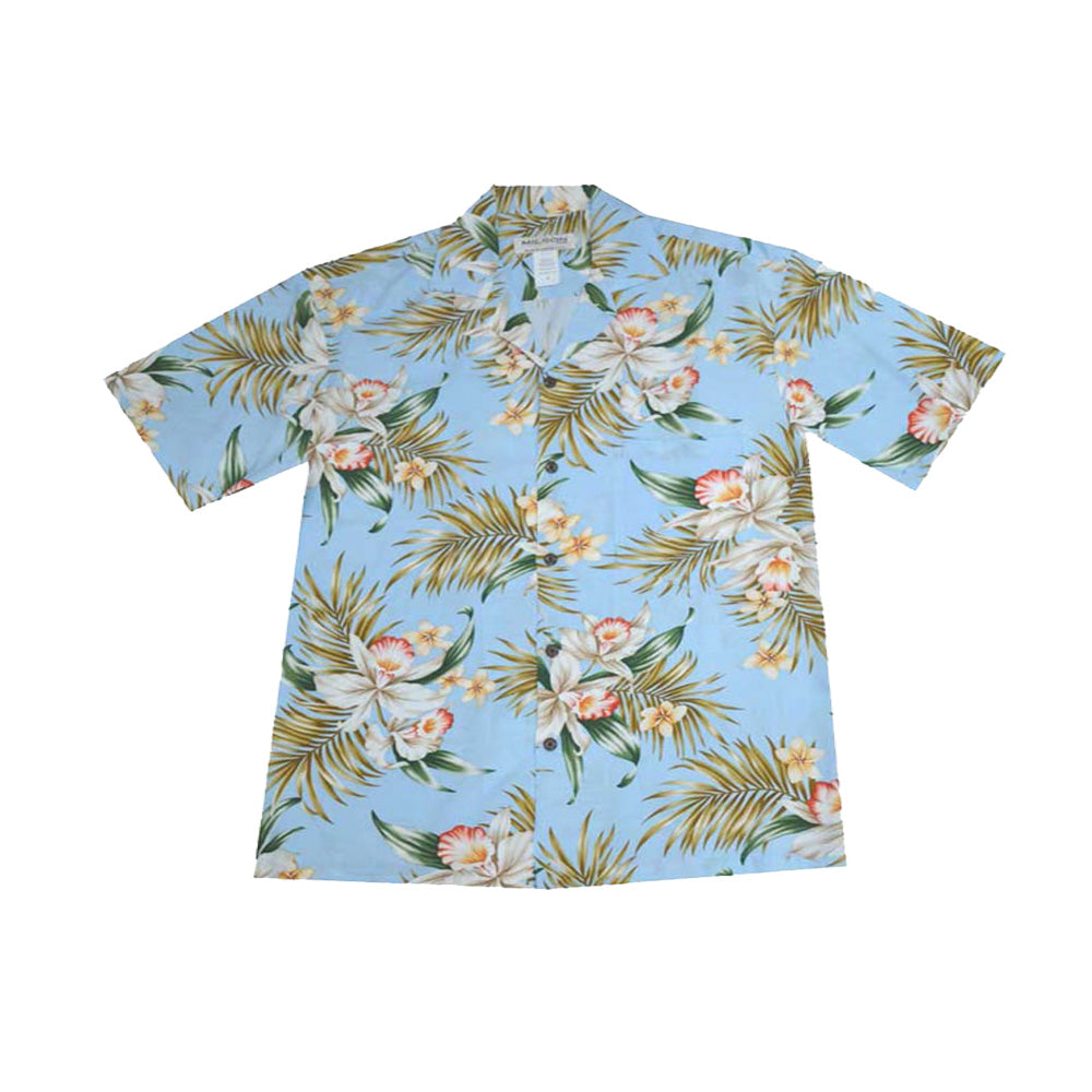 Rayon Men's Hawaiian Blue Shirt with Classic Orchid Print, handcrafted in Hawaii