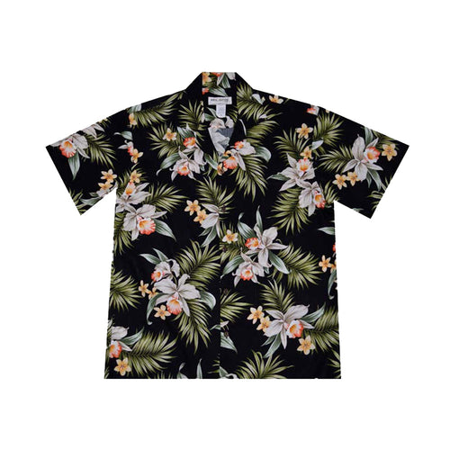 Rayon Men's Hawaiian Black Shirt with Classic Orchid Print, handcrafted in Hawaii