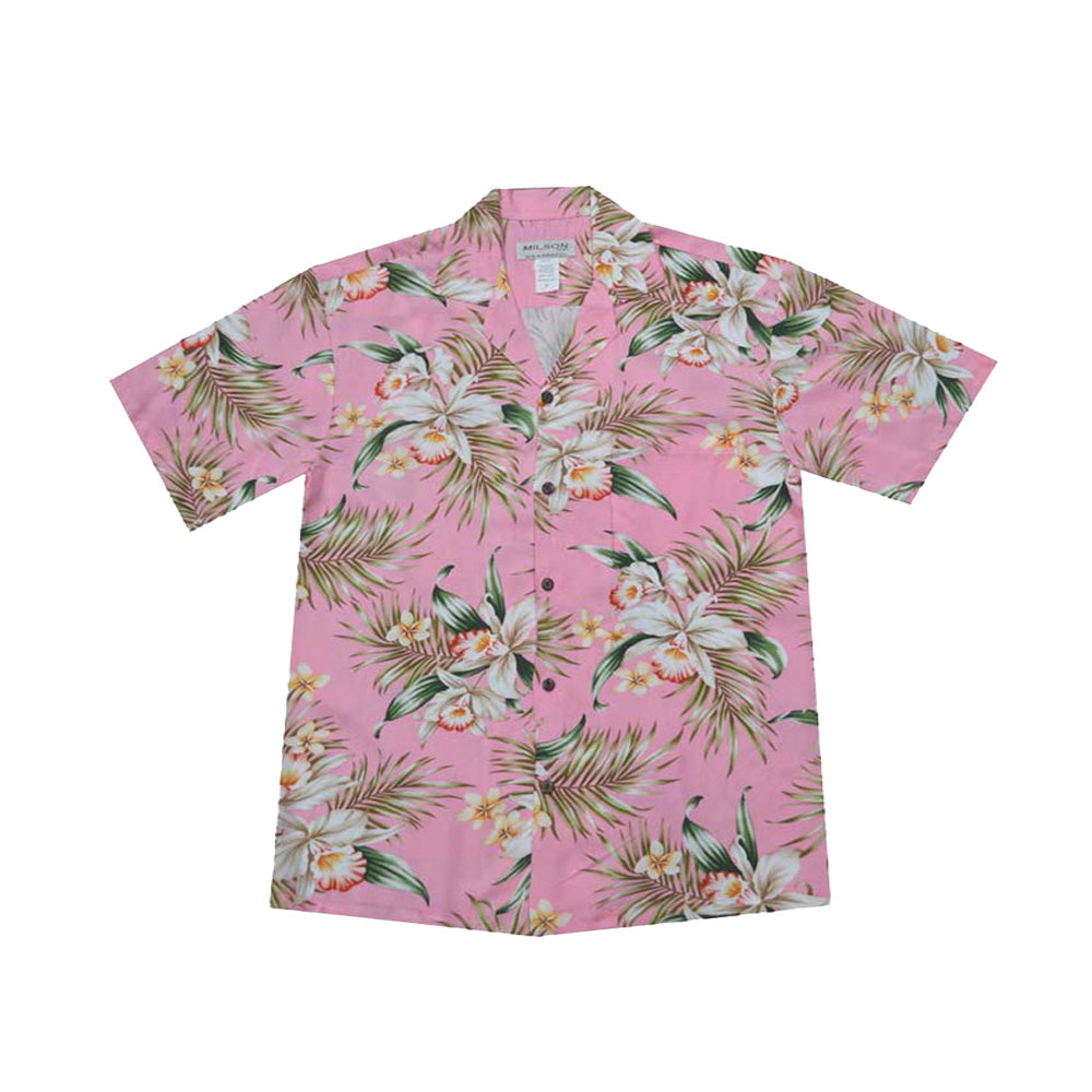 Rayon Men's Hawaiian Pink Shirt with Classic Orchid Print, handcrafted in Hawaii