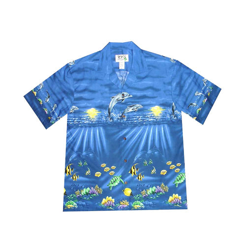 Men's Hawaiian Border Shirt in Blue Dolphin Sunset Ocean Print