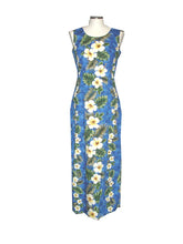 Load image into Gallery viewer, Long Hawaiian tank dress in blue with yellow hibiscus flower panel, handmade in Hawaii
