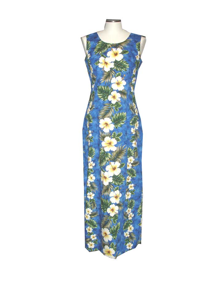 Long Hawaiian tank dress in blue with yellow hibiscus flower panel, handmade in Hawaii