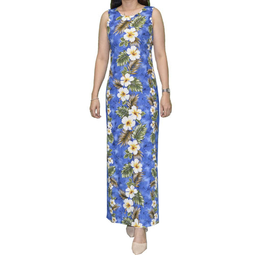 Woman wearing long blue Hawaiian tank dress, perfect for beach wedding or luau