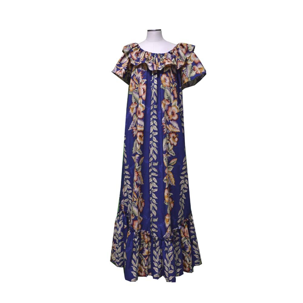 Long Navy Hawaiian Muumuu Dress – Handmade Cotton Aloha Wear with Vintage Anthurium Print Navy Blue / 3XL