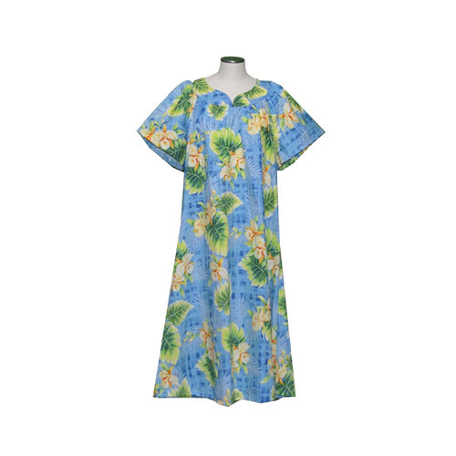 Turq Hawaiian muumuu dress for women with Ohana Orchid print