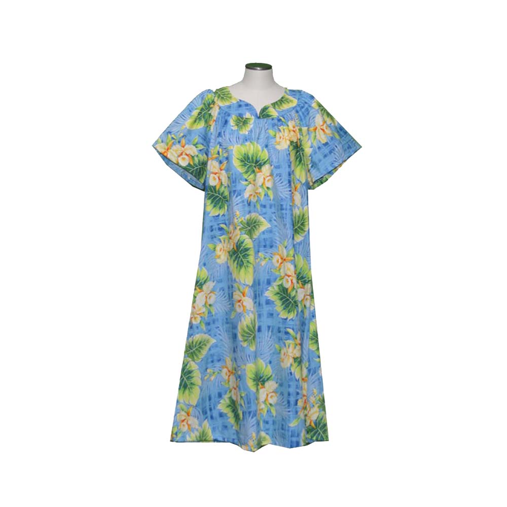 Turq Hawaiian muumuu dress for women with Ohana Orchid print