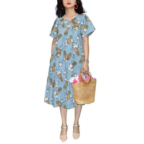 Blue Hawaiian muumuu dress for women with Pineapple print – Honolulu handmade