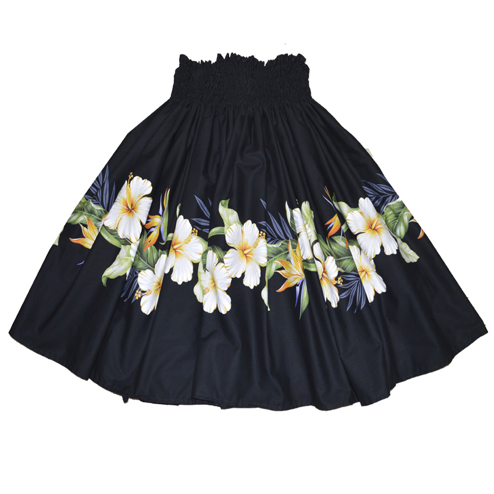 A traditional Pa'u Hula skirt featuring a white hibiscus pattern on a black background with green foliage.