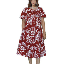 Load image into Gallery viewer, Women&#39;s wear red muu muu dress with hibiscus floral made in Hawaii
