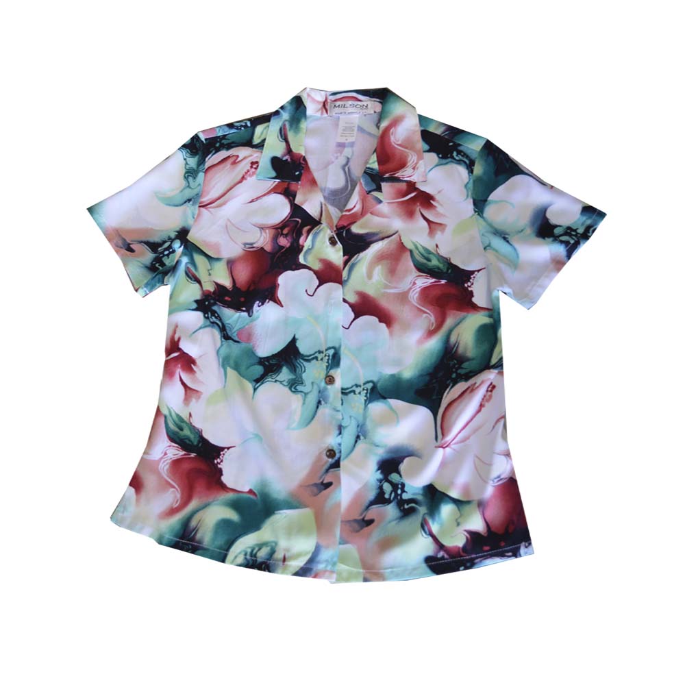 Watercolor Hibiscus Rayon Fitted Hawaiian Shirt For Women Made In Hawaii