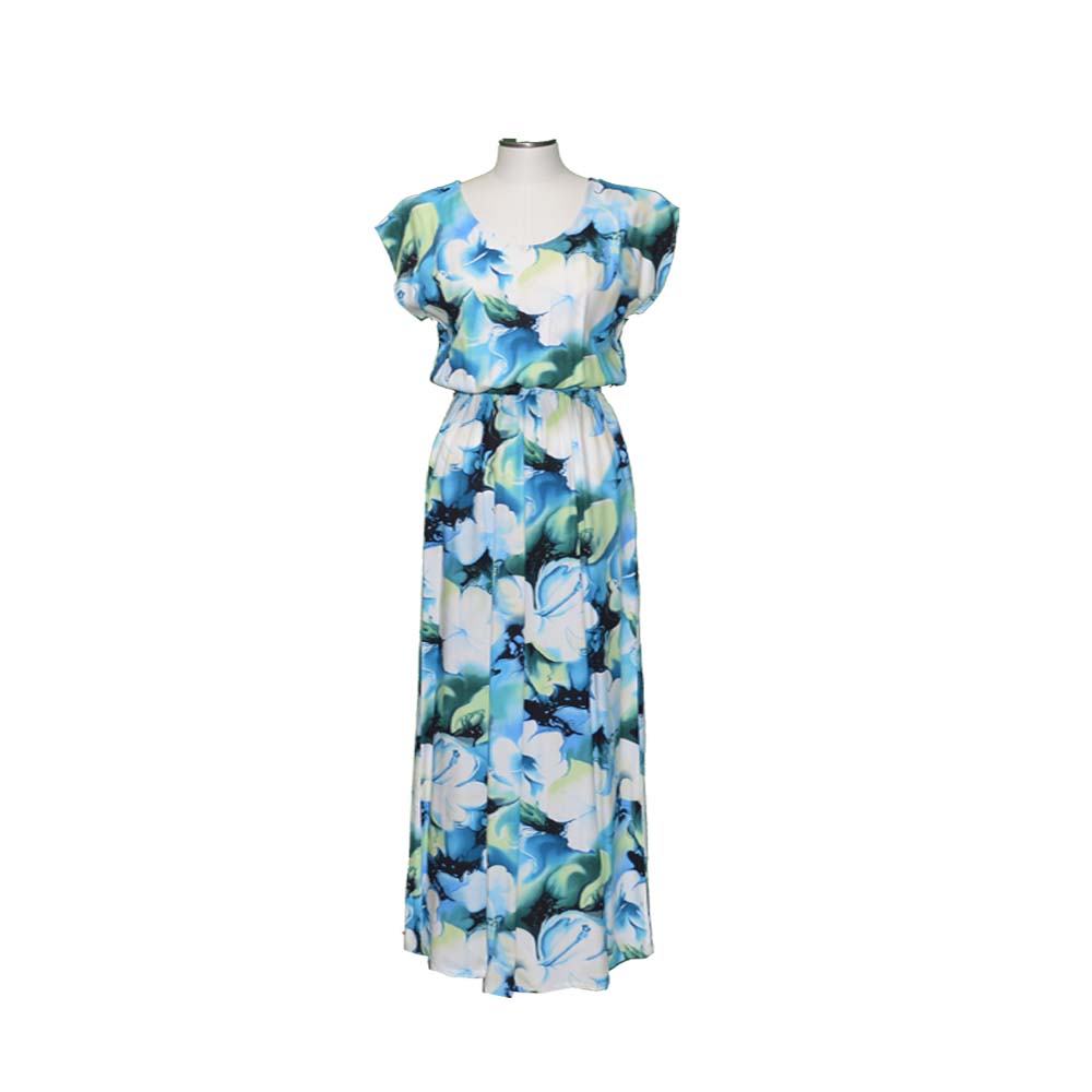 Watercolor Hibiscus Sleeves Maxi Hawaiian Dress